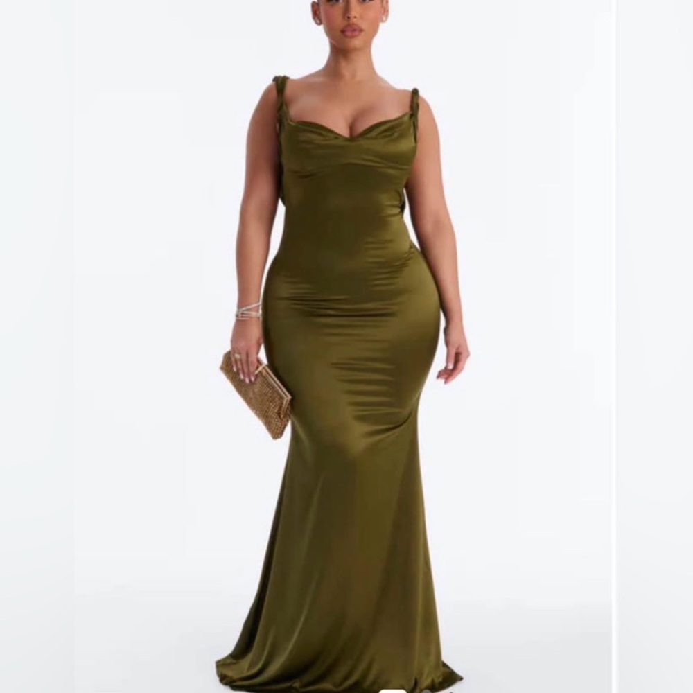 BNWT Olive Green Satin Evening Gown